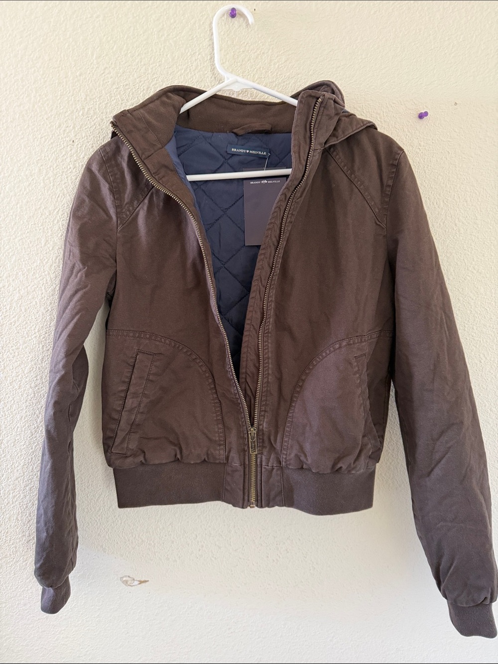Brandy melville Brown Hooded Bomber Jacket with Navy Quilted Lining
